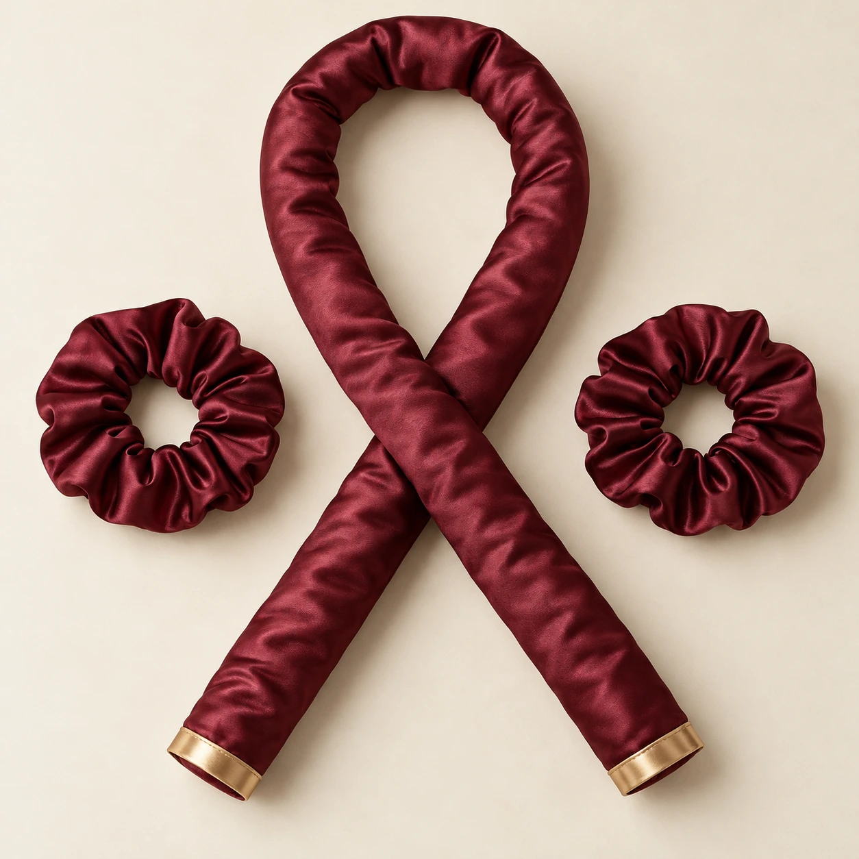 Ribbon Study Heatless Curl Set, Burgundy; One long flexible ribbon and two scrunchies