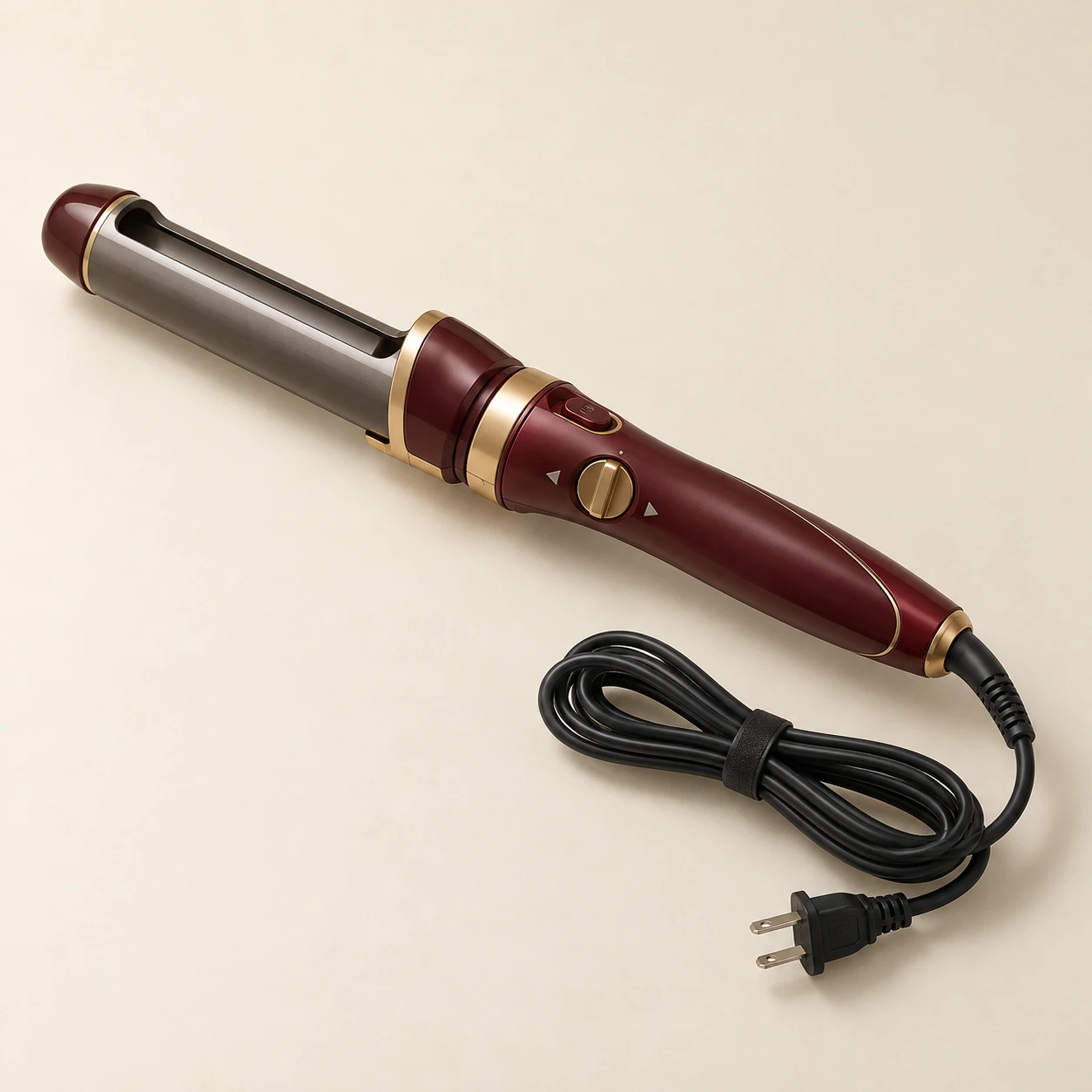 Rotating Thesis Curler, Burgundy & Brass; 28 mm open rotating barrel