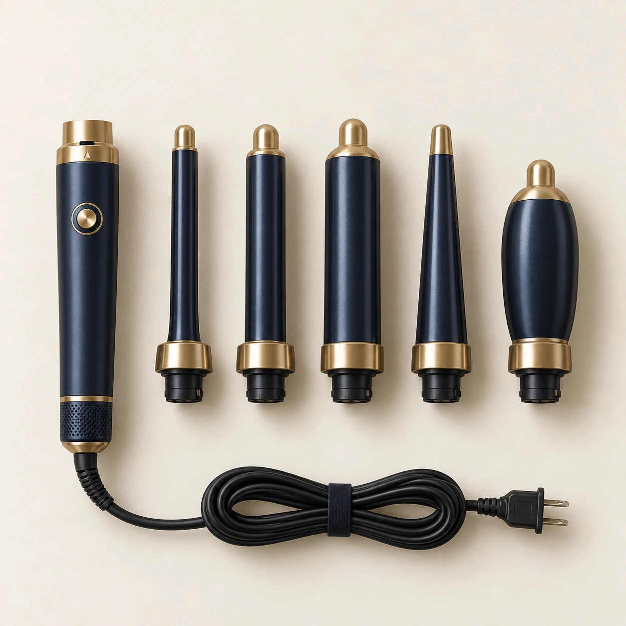 Five Chapters Curling Set, Navy & Brass; One handle and five barrels