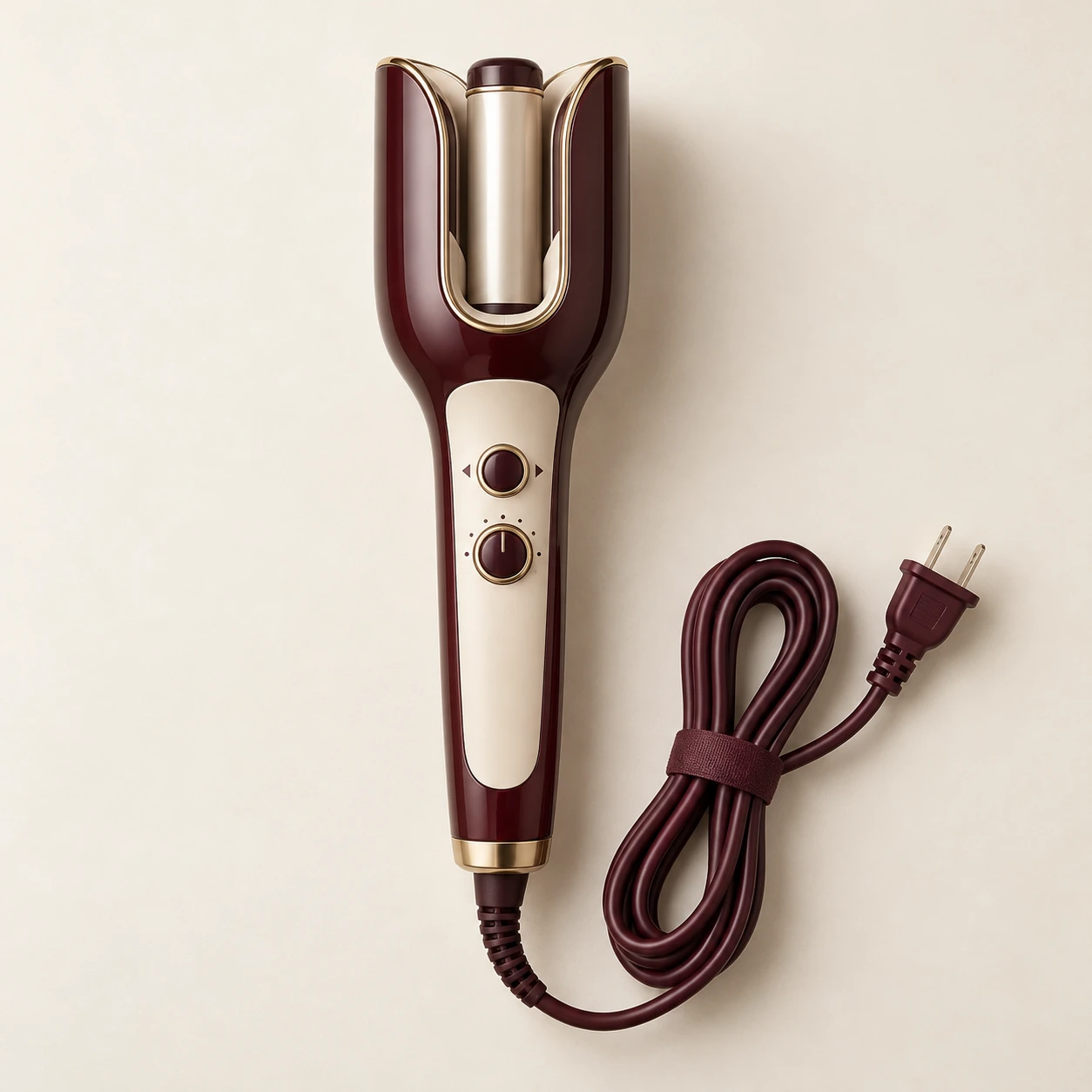 Enclosed Scholar Auto Curler, Burgundy & Cream; Enclosed curling chamber