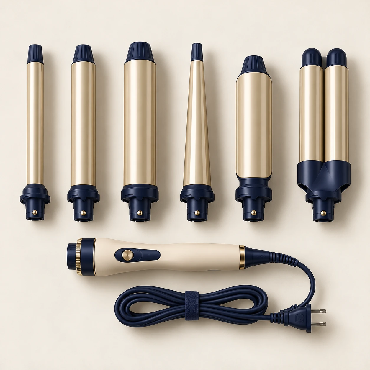 Six Chapters Styling Collection, Cream & Navy; One handle and six attachments